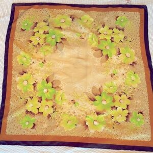 Scarf Green Brown Floral Hand rolled Edges Single Sided Asian Design